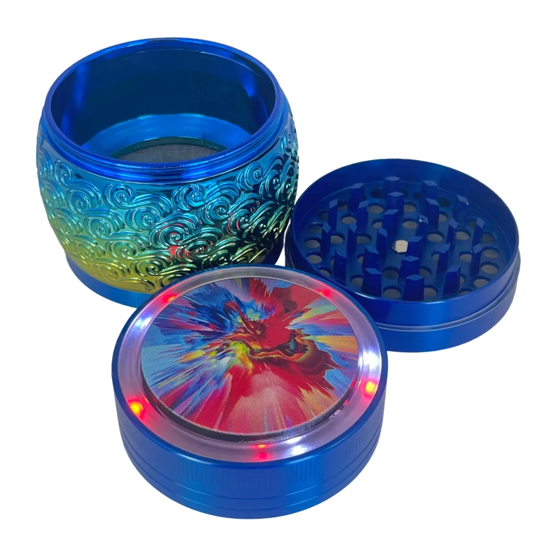63mm 2.5 inch 4 layers Zinc Alloy LED Rechargeable Rotating Pattern Top Cover Tobacco Grinder
