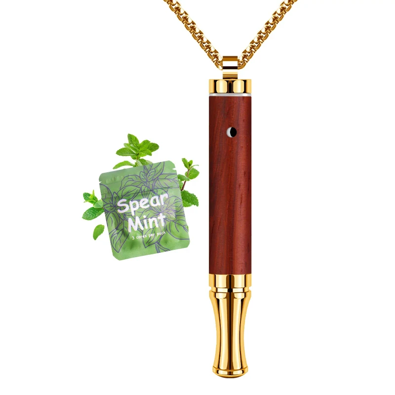 Anxiety Breathing Necklace Quit Smoking Necklace Spearmint Wood Gold Mindful Necklace Stress Relief Panic Relief Tool