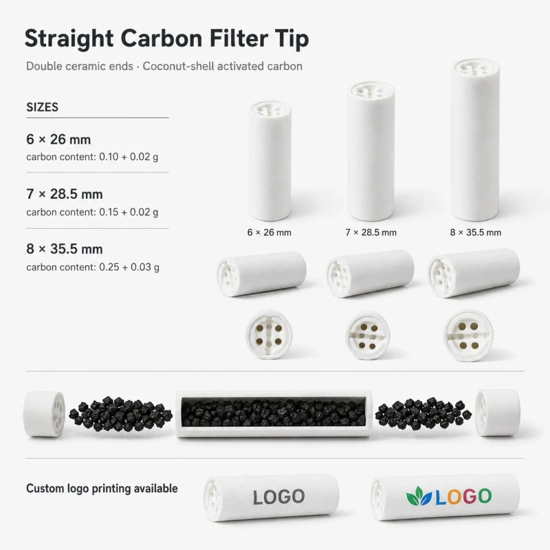 Ceramic Shell Cigarette Filter Tips Straight Filter Activated Carbon Tips 6mm 7mm 8mm Filter Tips for Smoking