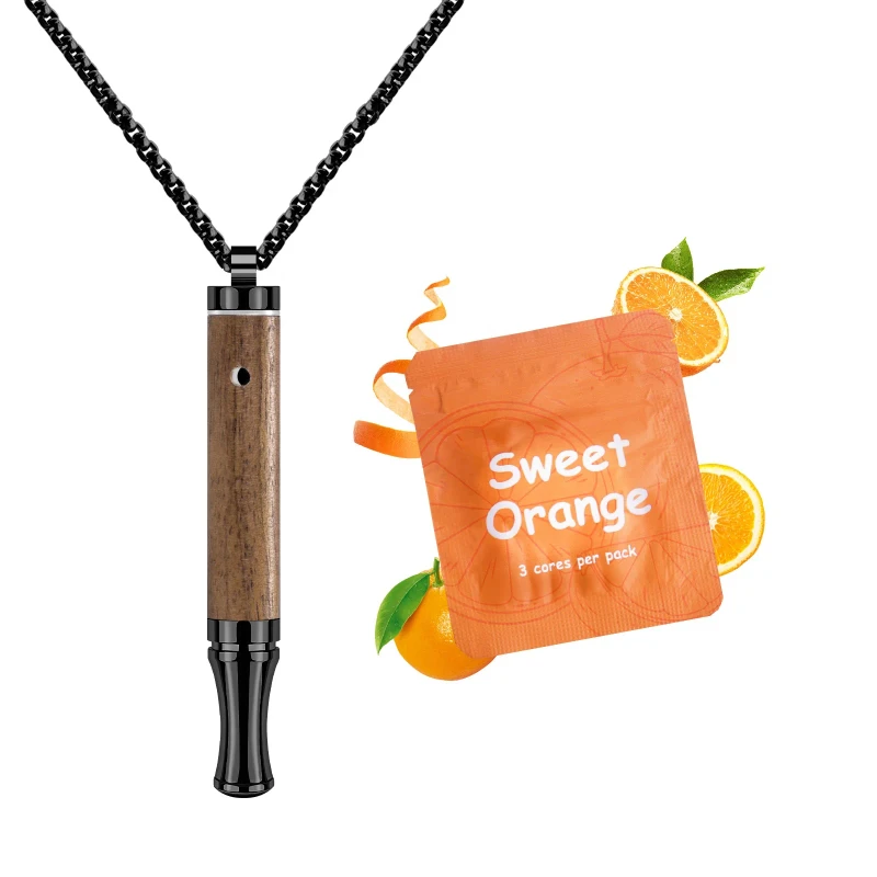 Dark Walnut Wood Black Breathing Necklace Sweet Orange Aromatherapy Cores Airflow Hole Quit Smoking Anxiety Relief Pendant