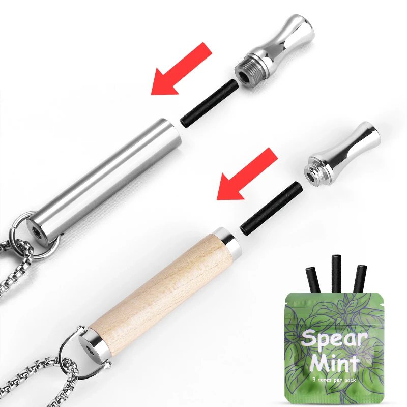 Detachable Metal Wood Refillable Breathing Necklace With Spearmint Scented Cores Quick Assembly Mindfulness Wellness Pendant