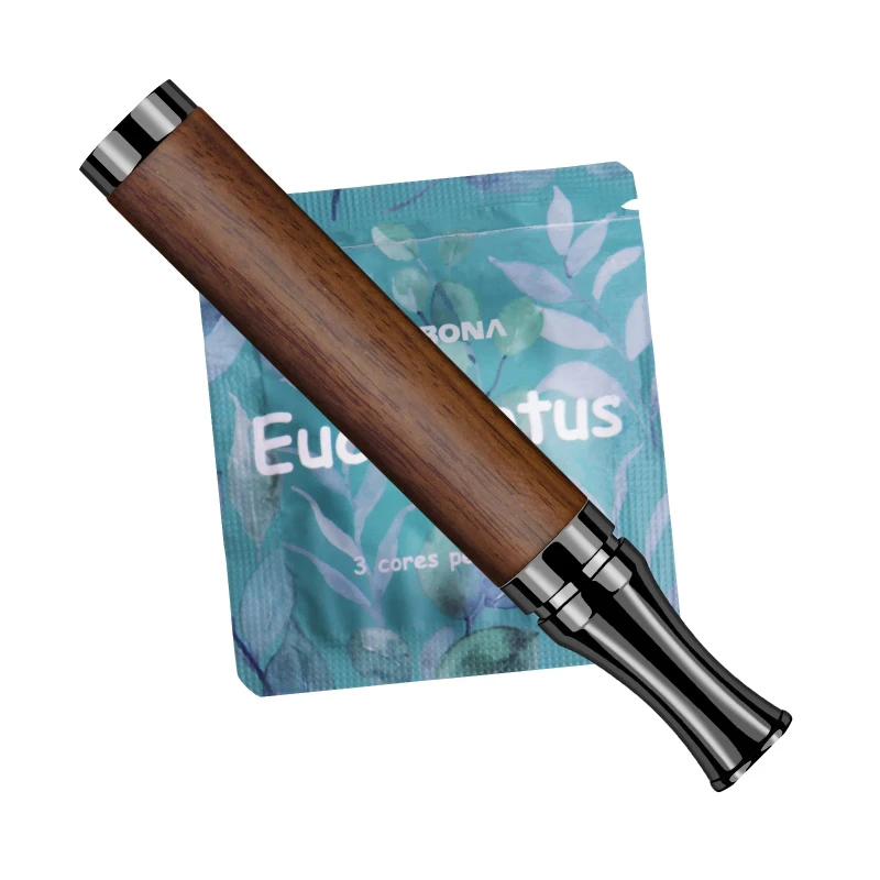 Eucalyptus Flavor Breathing Stick Quit Smoking Inhaler Walnut Wood Black Metal Cravings Control Focus Booster Tool