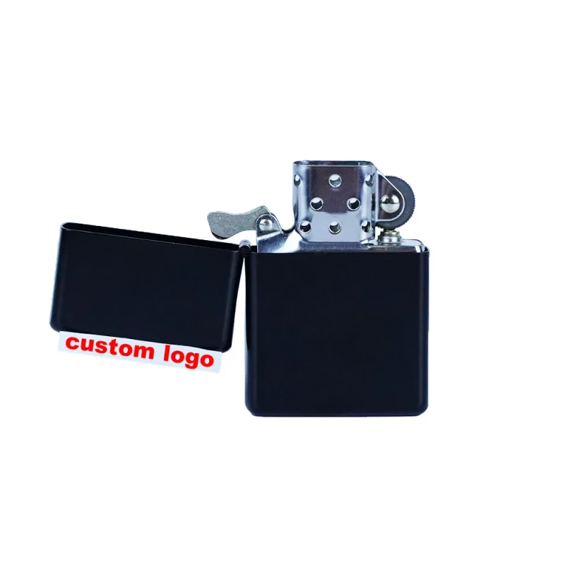 JUJI Stainless Steel Laser Engraving Printing Custom Logo Black Cigarette Set Windproof Oil Cigarette Lighter