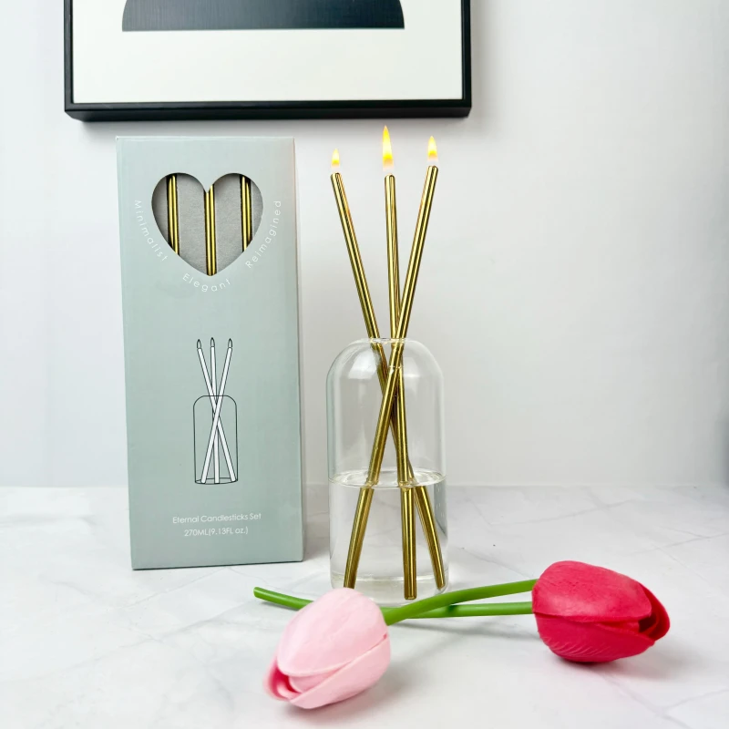 Low MOQ Clean Burning Smoke Free Oil Candle Lamps Accessories Gold Metal Steel Waxless Everlasting Candles Sticks