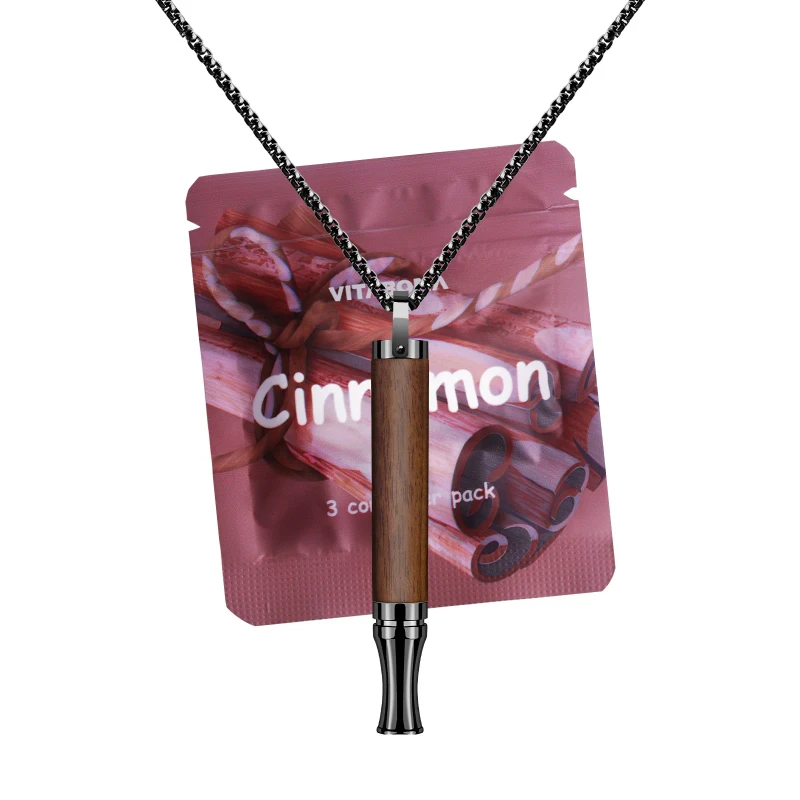 Non Electric Nicotine Free Handcrafted Brown Wood Silver Ring Breathing Necklace Cinnamon Personal Everyday Warmth Essential