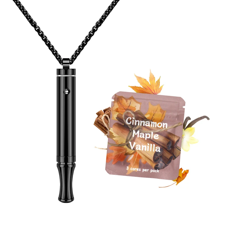 Stainless Steel Anti Anxiety Black Metal Breathing Calm Vaporless Flavored Air Quit Smoking Aid Essential Oil Inhaler Necklace